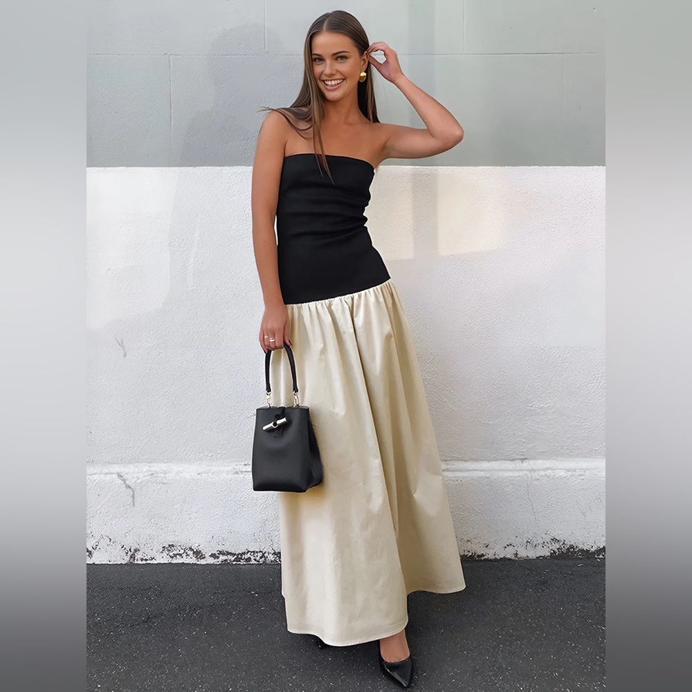 Commense Strapless Black Bodice with Cream Full Skirt